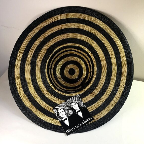 Vintage NEW Whittall & Shon Gold/Black Striped Wide Brim Straw Hat